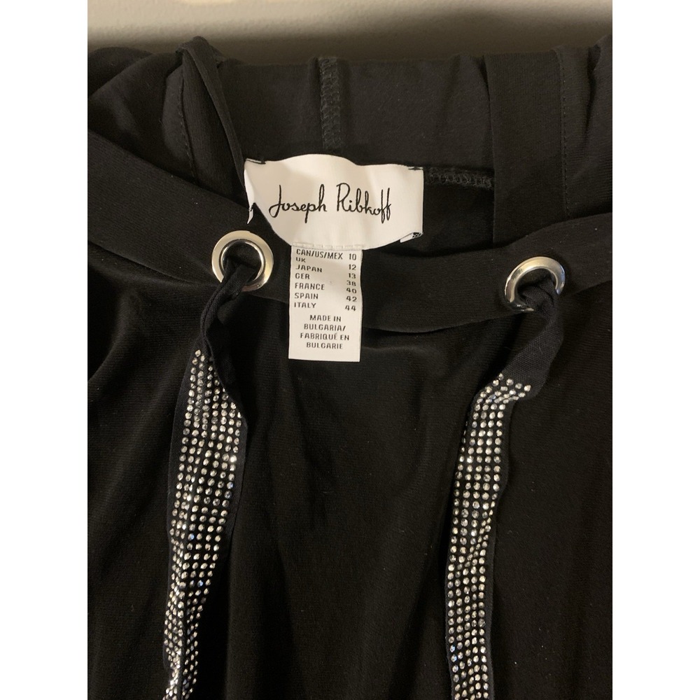 Joseph Ribkoff Hoodie Tunic Size 10 Rhinestone Drawstring Black Slinky Knit - Picture 3 of 6